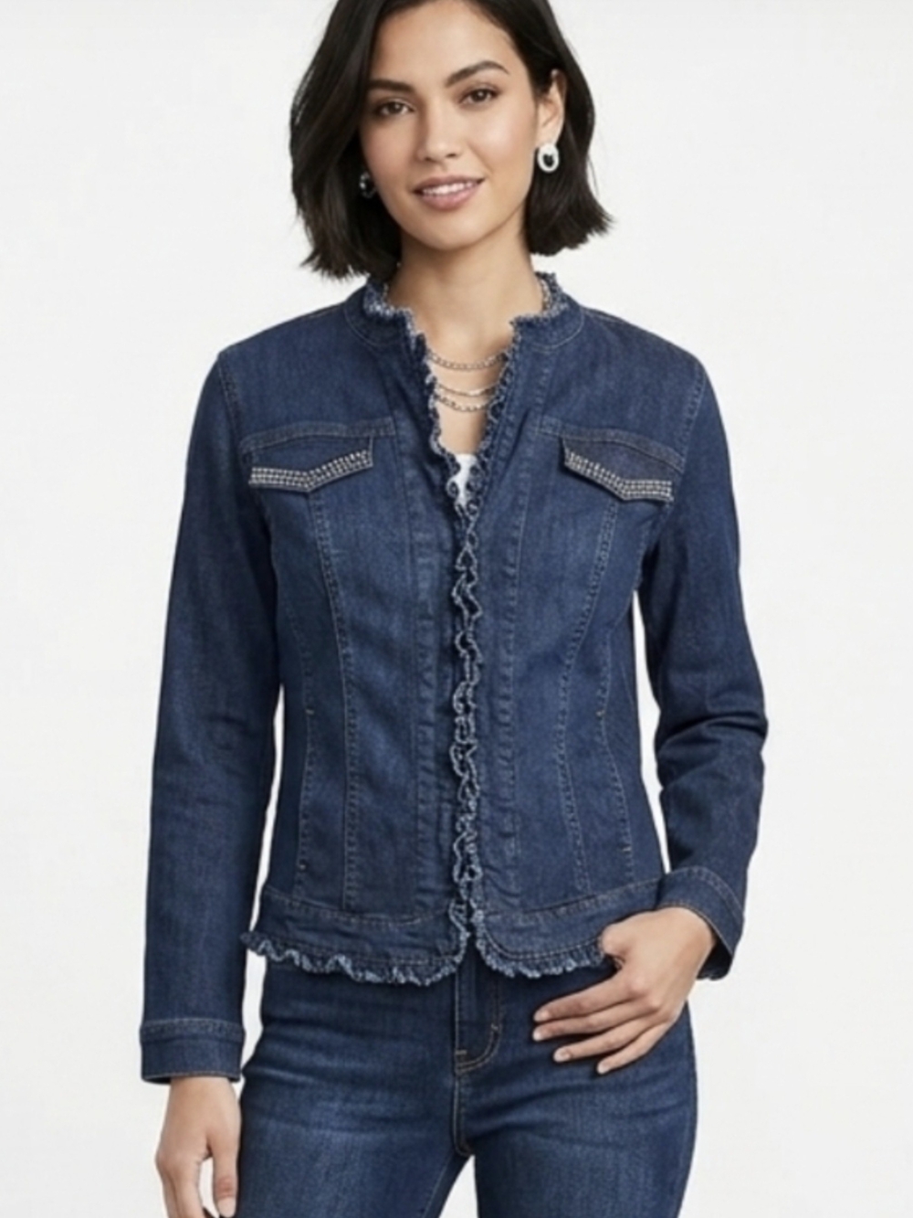 Chico's Dark Blue Denim Ruffle-Trim Jean Jacket